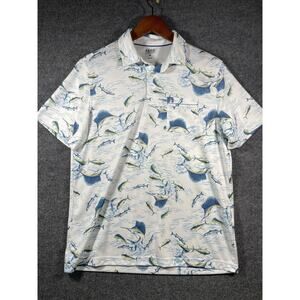 Izod Saltwater Button Up Polo Men's Medium White Fish AOP Short Sleeve Casual